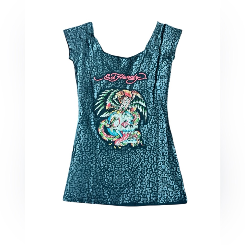 Ed Hardy Graphic Mini Dress Vintage Y2K Size Medium Leopard print